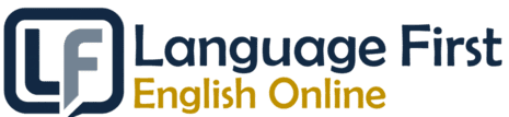Blue, rey, and white version of the Language First Group, English Online logo