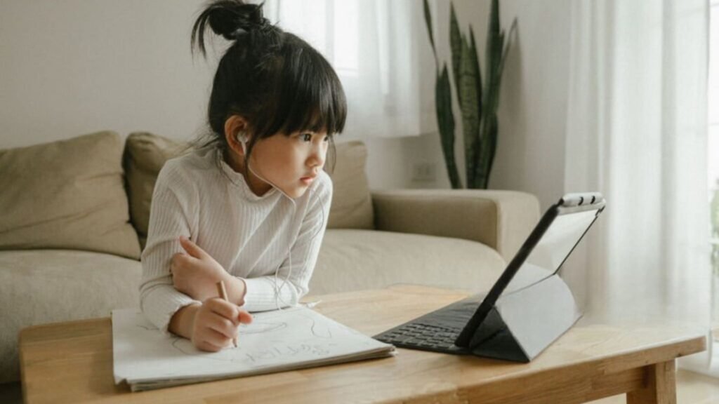 Girl drawing while taking online lessons on a tablet, kids.